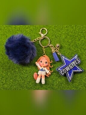 Cute Navy Pom-Pom Keychain with Cowgirls Cheerleader Doll Charm